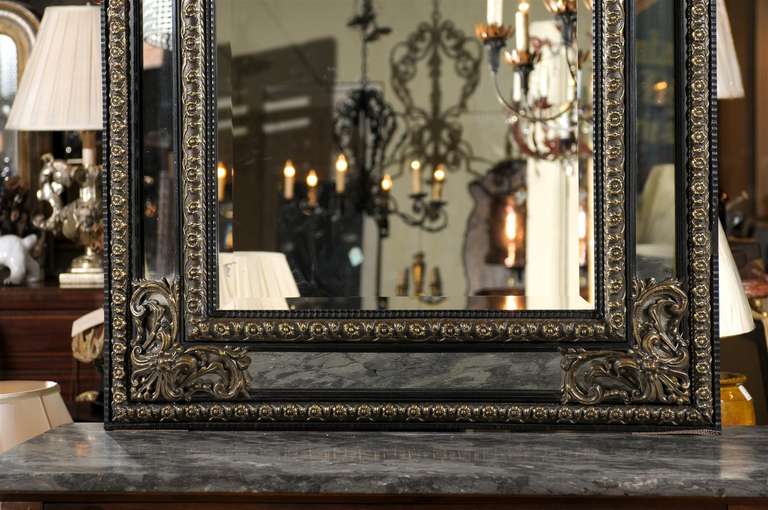 French Ebony Mirror with Blackened Wood and Worked Brass Frame 1