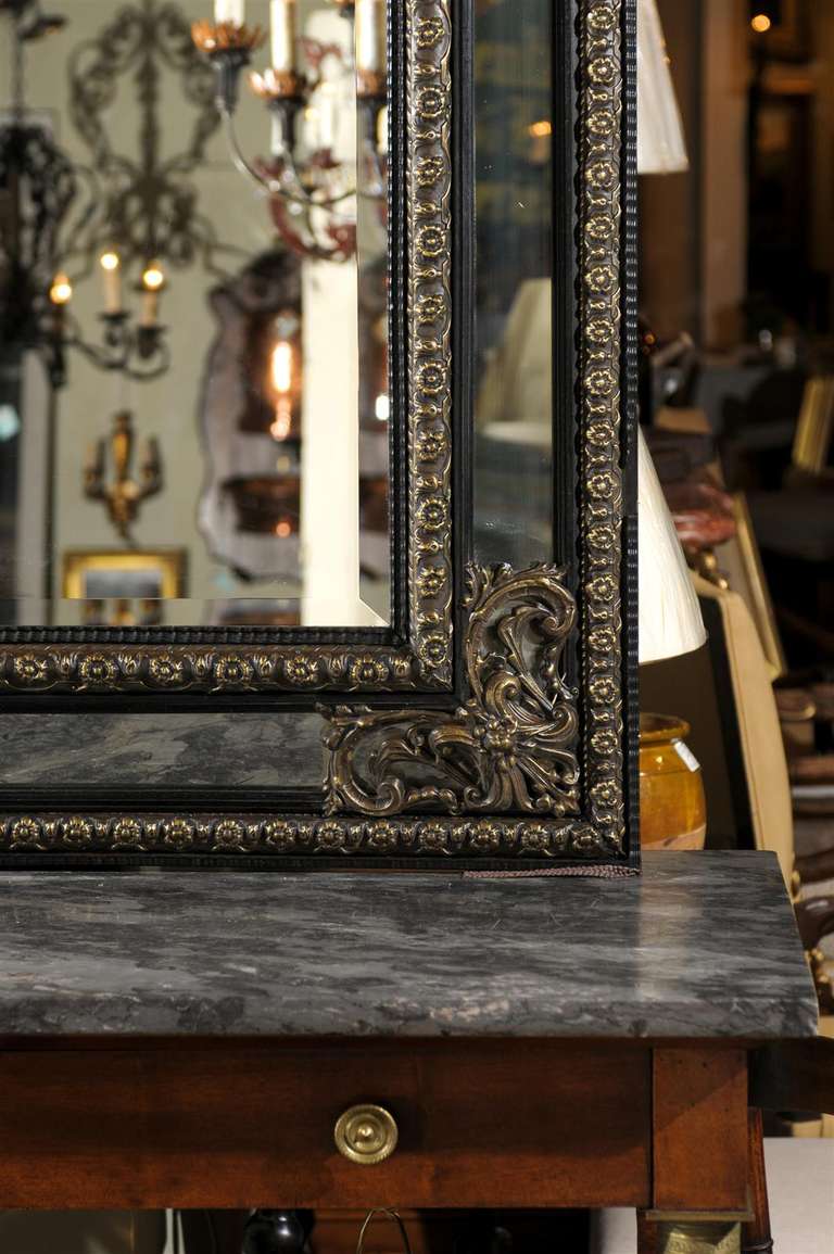 French Ebony Mirror with Blackened Wood and Worked Brass Frame 2