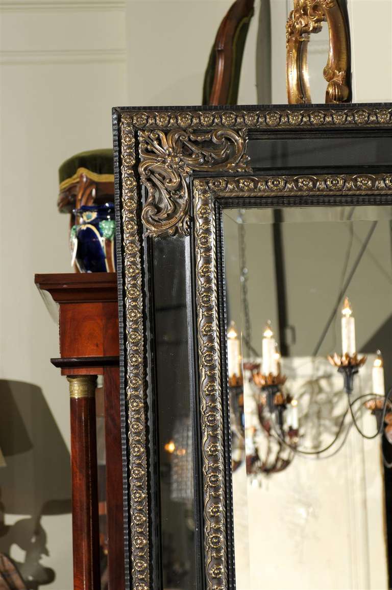 French Ebony Mirror with Blackened Wood and Worked Brass Frame 4