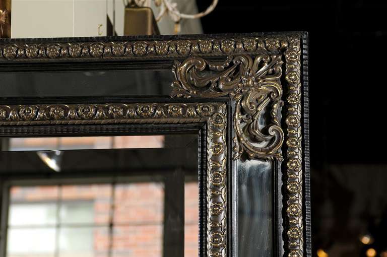 French Ebony Mirror with Blackened Wood and Worked Brass Frame 5
