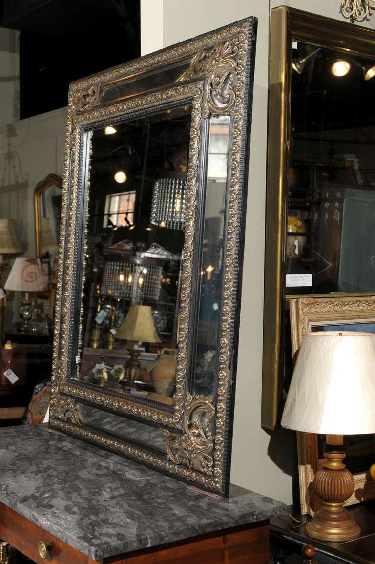 French Ebony Mirror with Blackened Wood and Worked Brass Frame 6