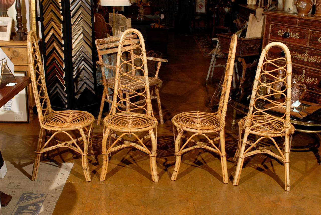 Vintage French Rattan Table and Four Chairs For Sale 6