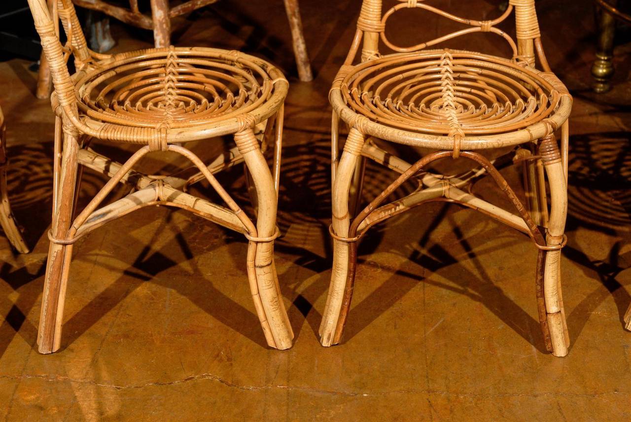 Mid-20th Century Vintage French Rattan Table and Four Chairs For Sale