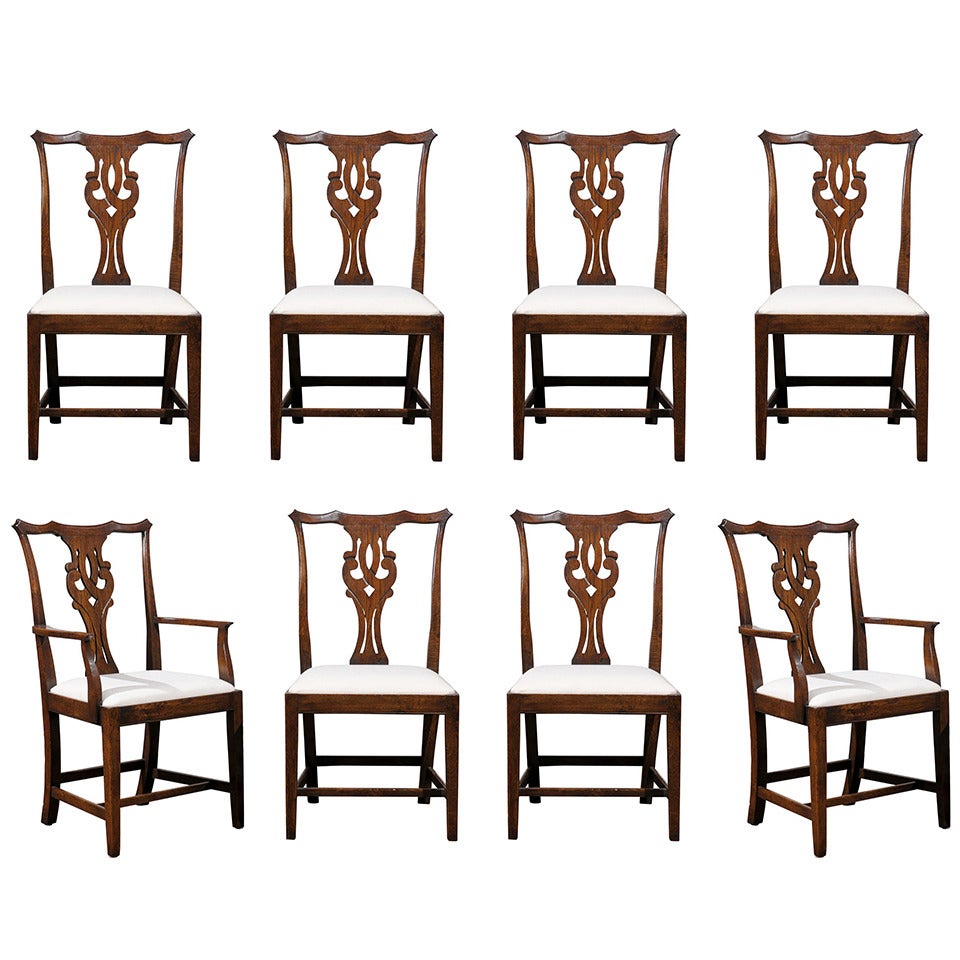 Set of Eight English Chippendale Style Oak Dining Room Chairs with Pierced Splat