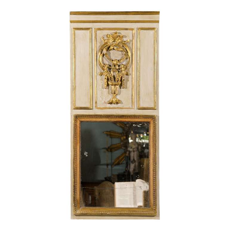 French Painted Trumeau with Gilt Carved Relief and Original Glass