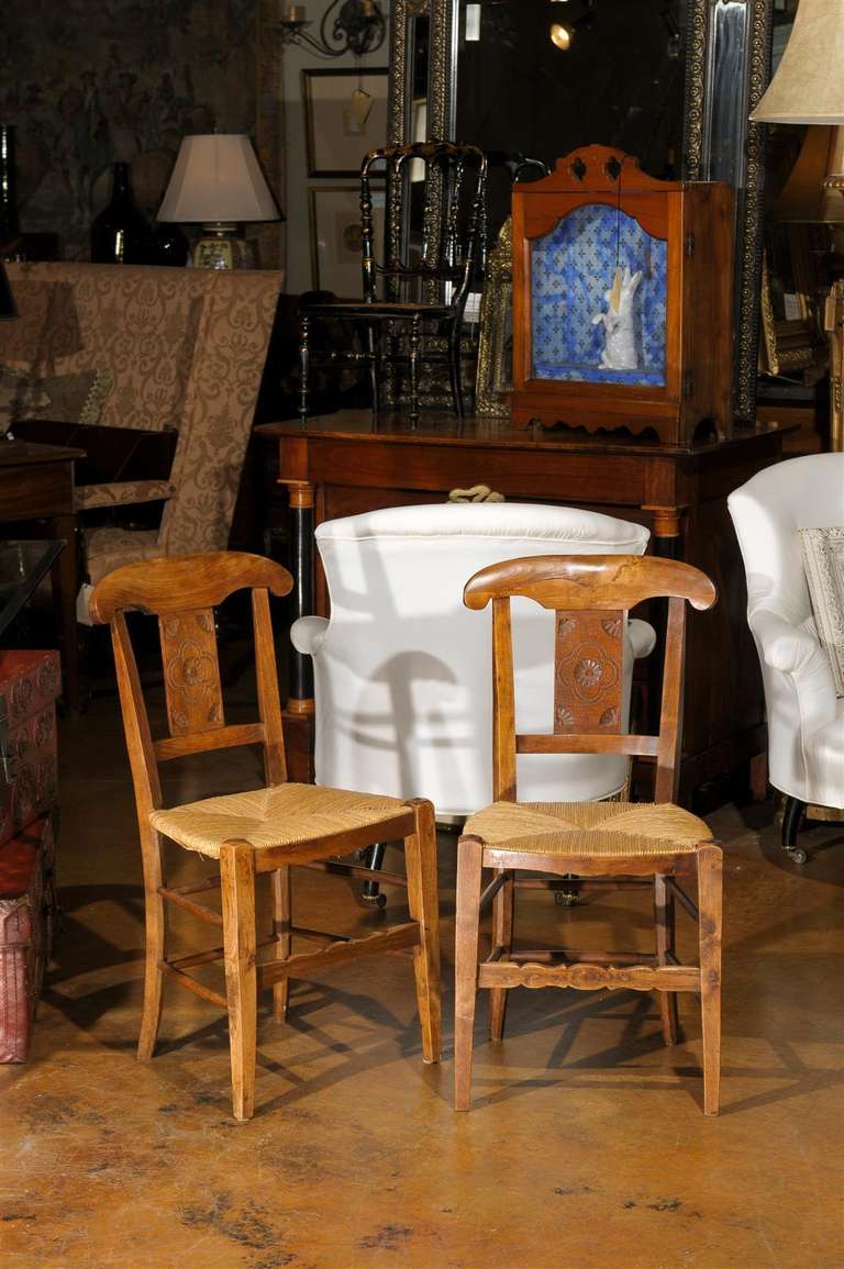 Carved Splat Side Chairs with Rush Seats In Excellent Condition In Atlanta, GA