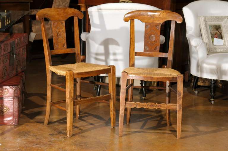 19th Century Carved Splat Side Chairs with Rush Seats