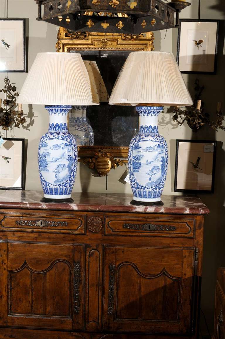 Pair of Antique Blue and White Porcelain Lamps.