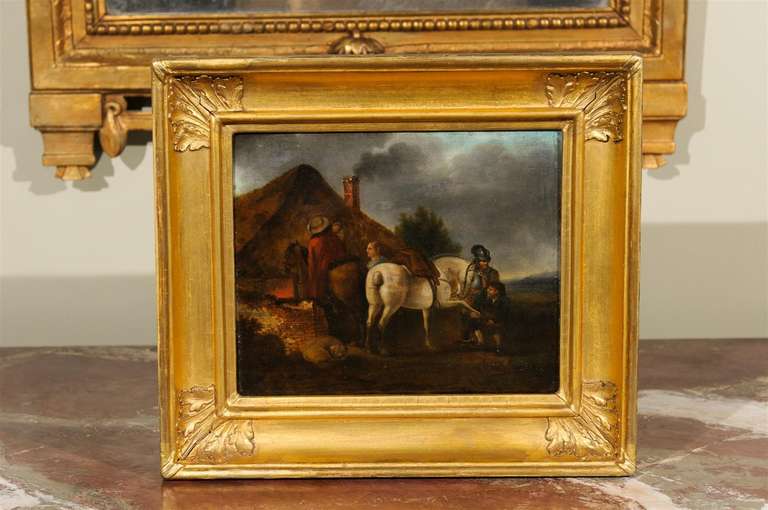 Pair of 19th century framed oil on board framed scenes of rural life and horses by George Moreland. 