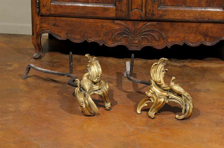 French Pair of Rococo Style Gilt Bronze & Wrought Iron Andirons For Sale