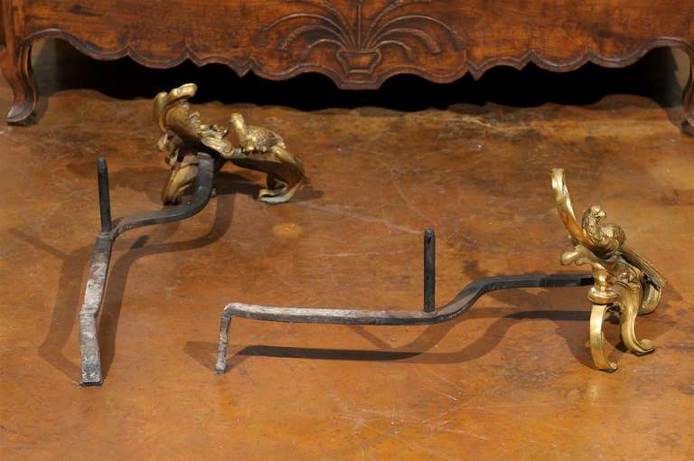 Pair of Rococo Style Gilt Bronze & Wrought Iron Andirons For Sale 4
