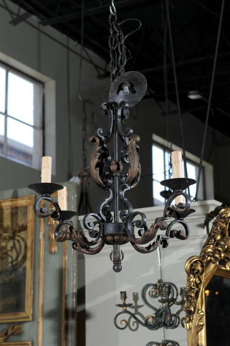 Early 20th Century 4-Light French Iron Chandelier In Excellent Condition In Atlanta, GA