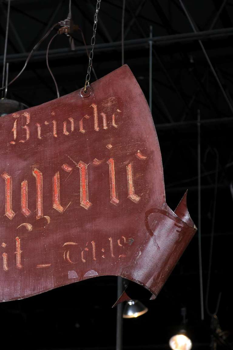 French Large Size Red Painted Metal Boulangerie Hanging Trade Sign In Good Condition In Atlanta, GA