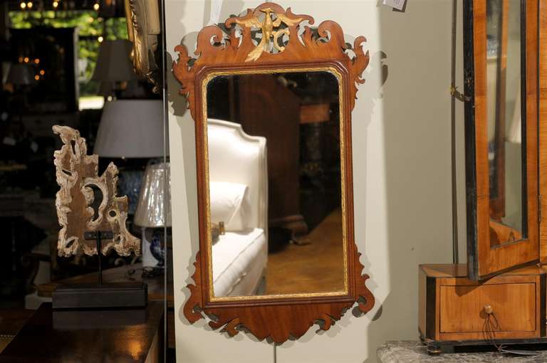 Mid 18th C. Mahogany Fret Framed Wall Mirror with Gilt Eagle