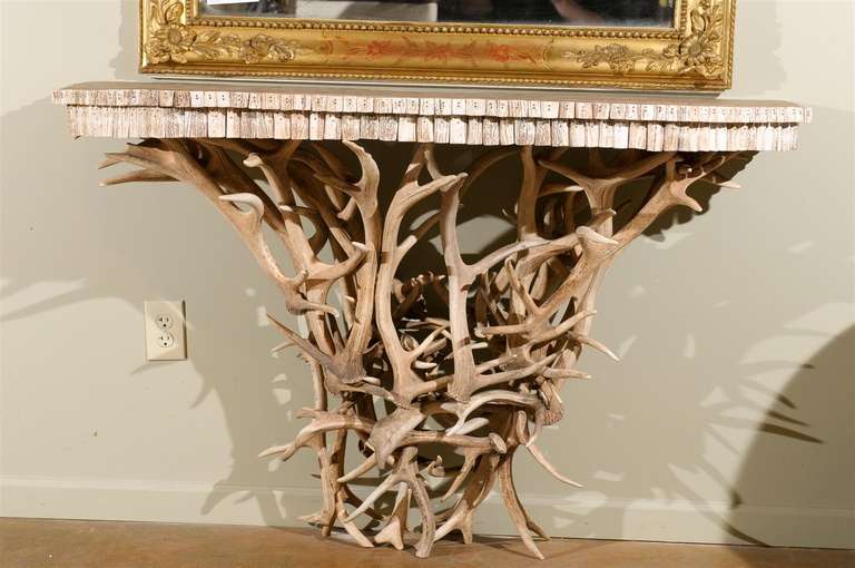 Pair of Antler Console Tables with Canted Rectangular Elm Tops, on an Interlocking Antler Bases.