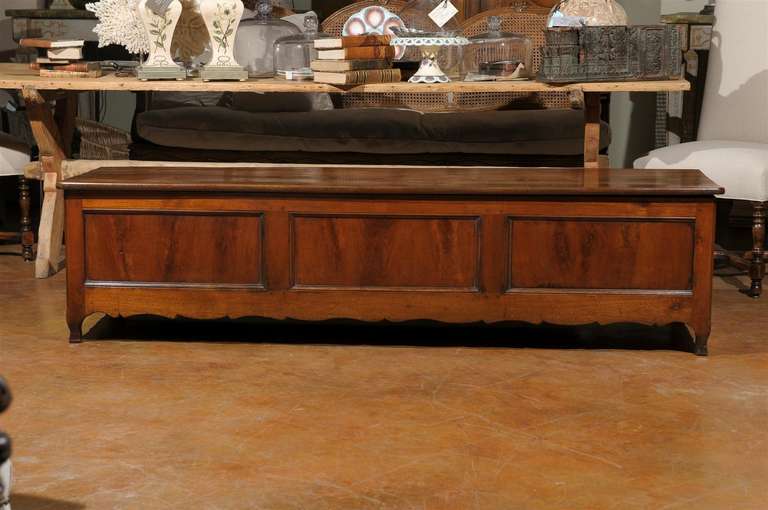 French Provincial 18th Century Fruitwood Coffer with hinged top above a triple paneled front over a shaped apron.