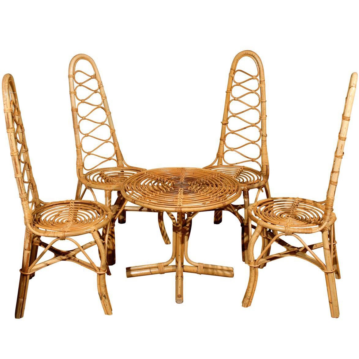 Vintage French Rattan Table and Four Chairs For Sale