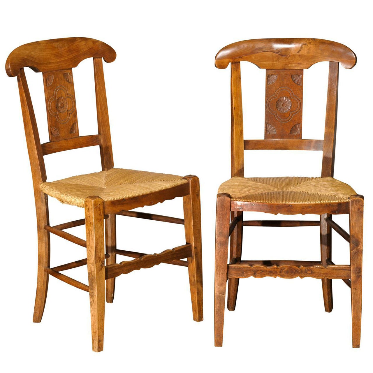 Carved Splat Side Chairs with Rush Seats