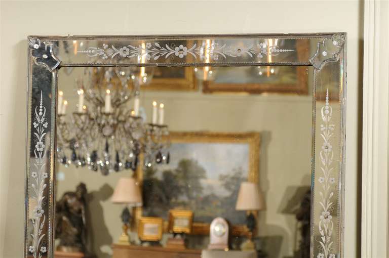 19th Century Large Incised Glass Venetian Rectangular Mirror In Excellent Condition In Atlanta, GA
