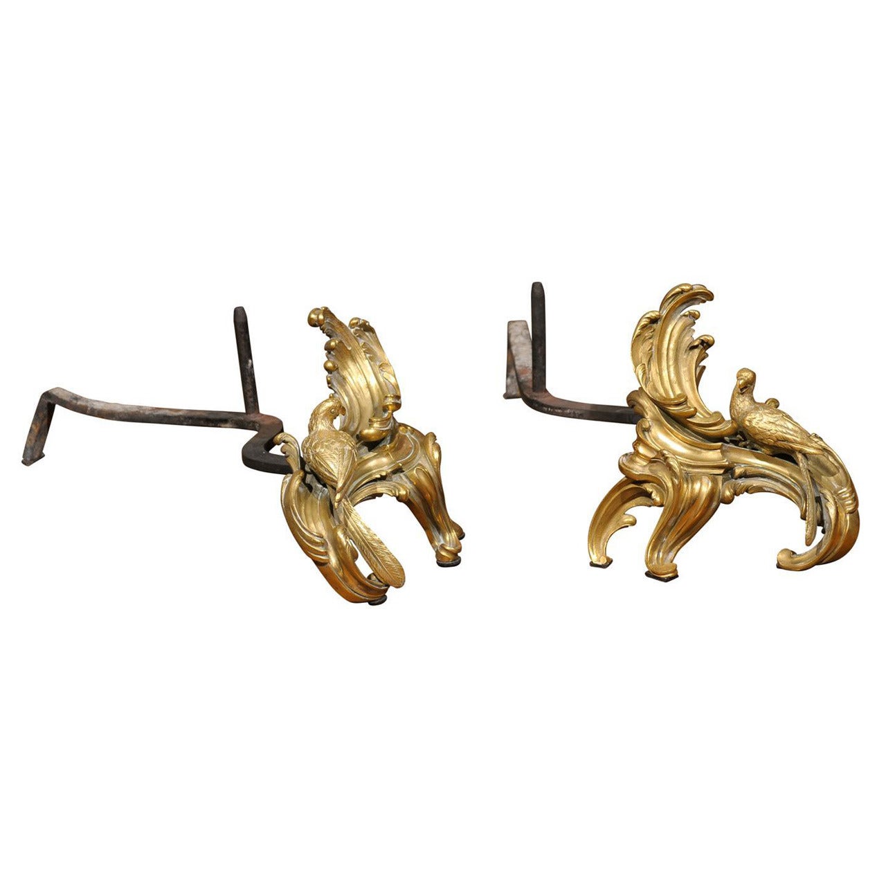 Pair of Rococo Style Gilt Bronze & Wrought Iron Andirons For Sale