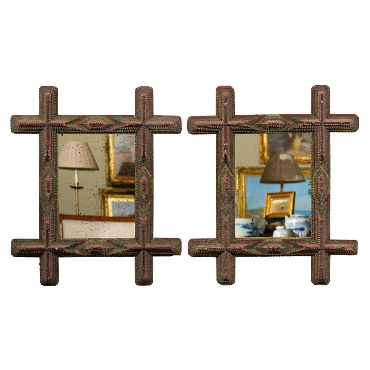 Pair of 20th Century Tramp Art Frames with Mirrors