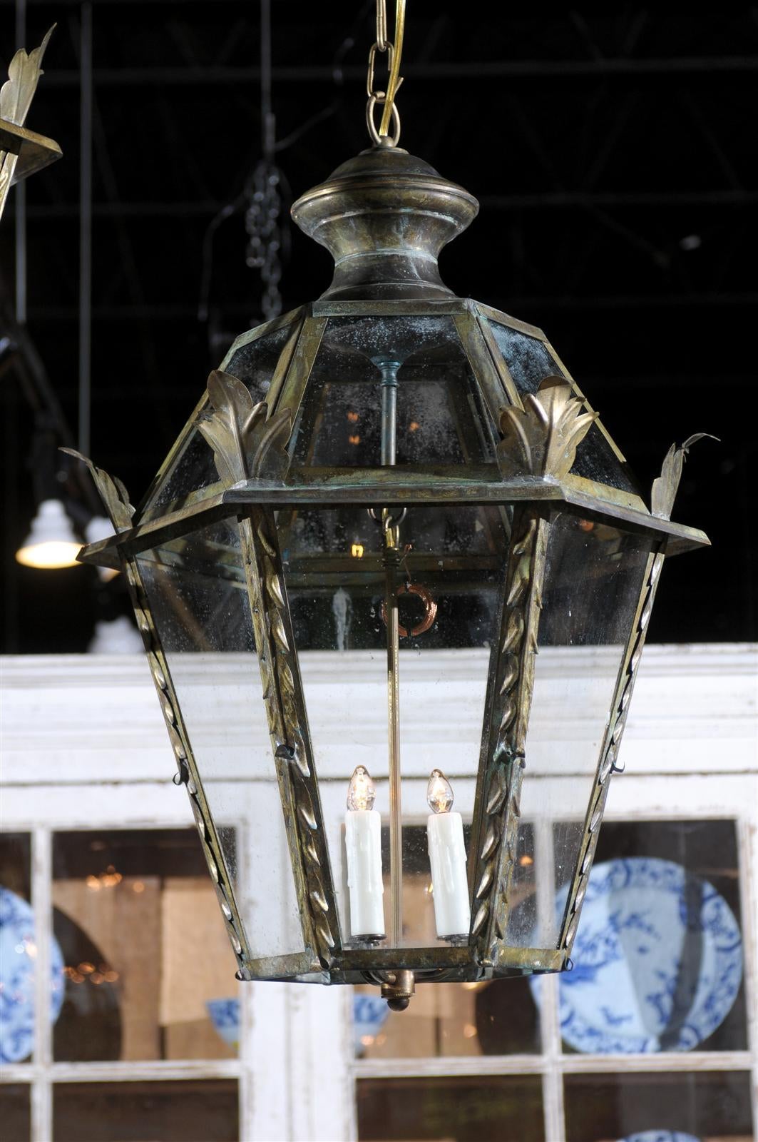 Vintage Italian three-light iron hexagonal hanging lantern with clear glass.