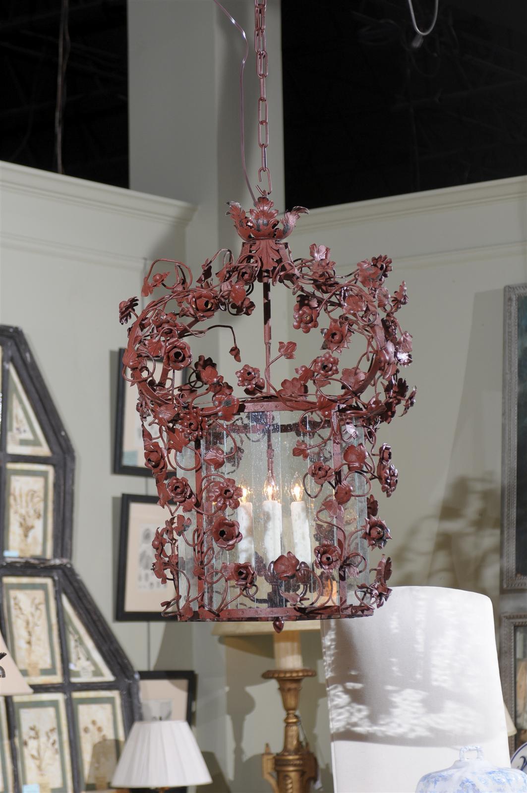Iron 19th Century Italian Tole and Glass Hanging Lantern For Sale