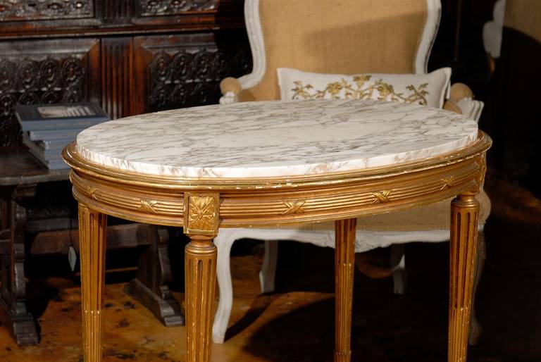 French Oval 19th Century Louis XVI Style Giltwood Table with White Marble Top 3