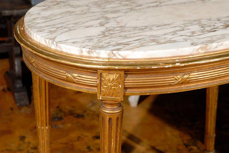 French Oval 19th Century Louis XVI Style Giltwood Table with White Marble Top 1