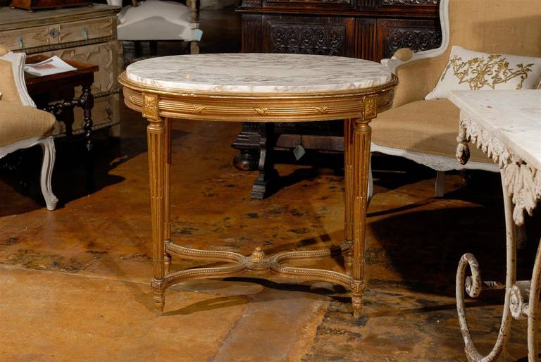 French Oval 19th Century Louis XVI Style Giltwood Table with White Marble Top 4