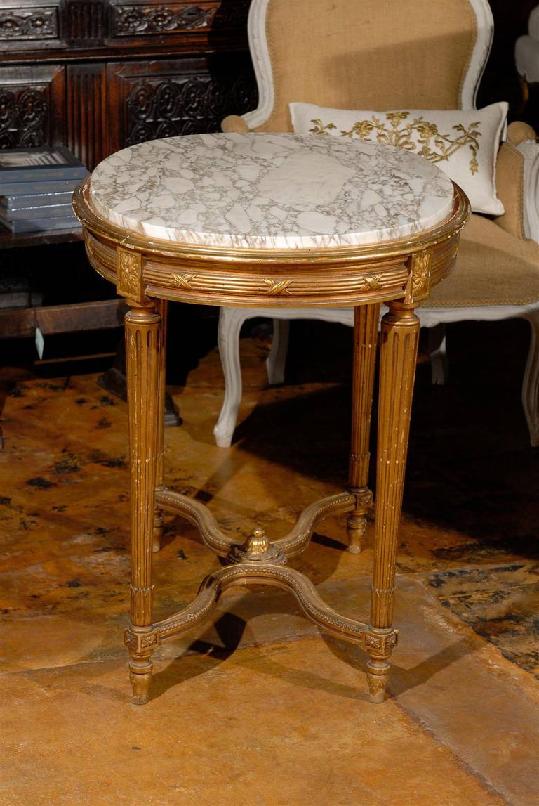 French Oval 19th Century Louis XVI Style Giltwood Table with White Marble Top 5
