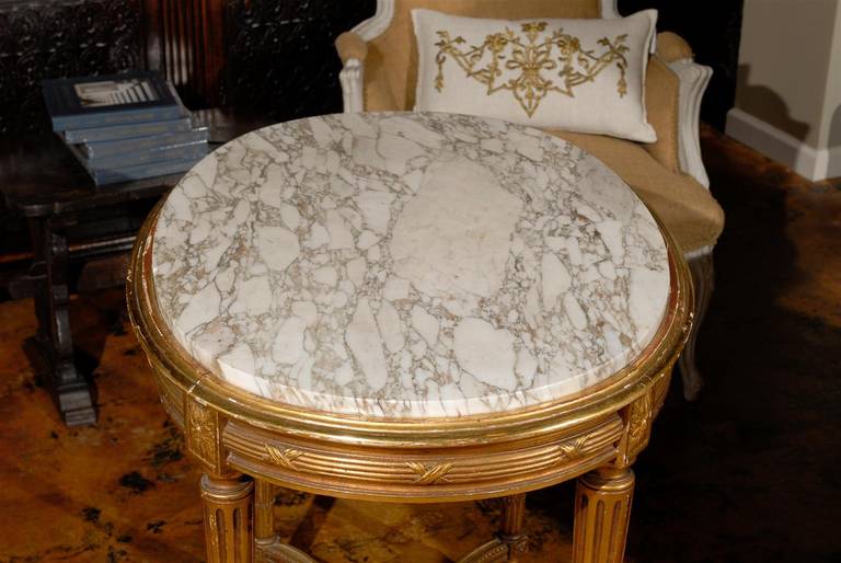 French Oval 19th Century Louis XVI Style Giltwood Table with White Marble Top 2
