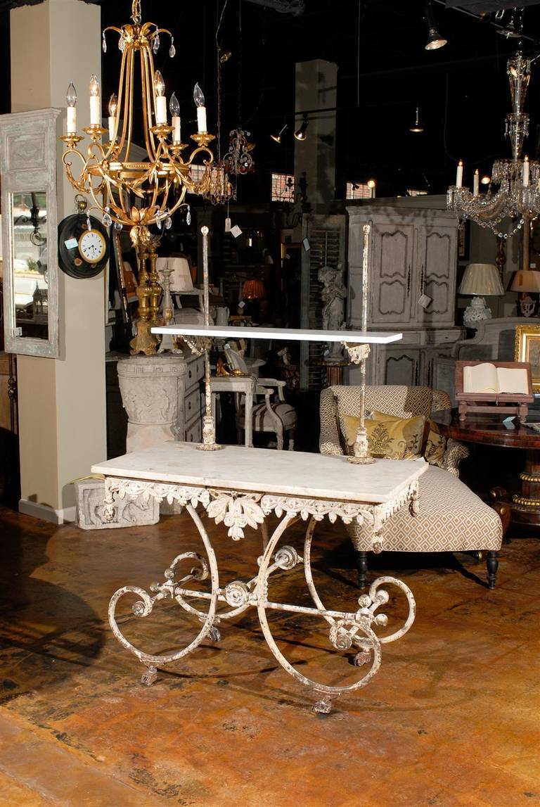 French marble and iron two-tier Bakers table with drawer.