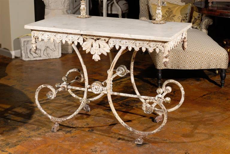 French Marble and Iron Two-Tier Bakers Table with Drawer 1