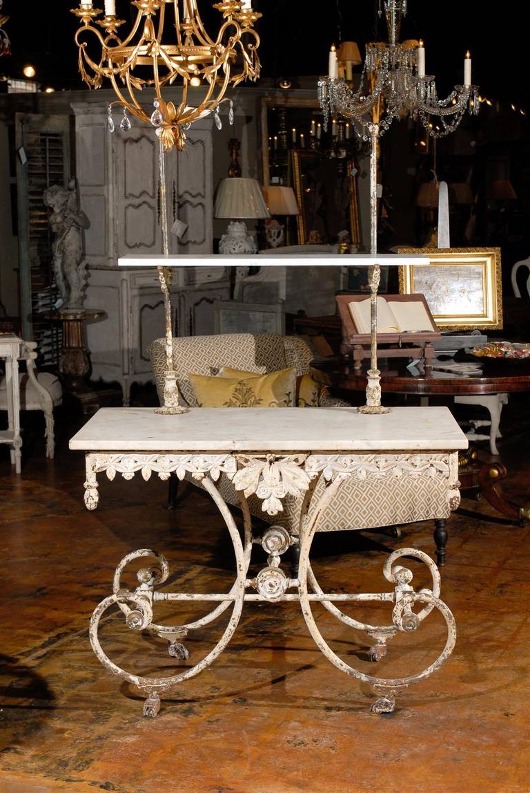 19th Century French Marble and Iron Two-Tier Bakers Table with Drawer