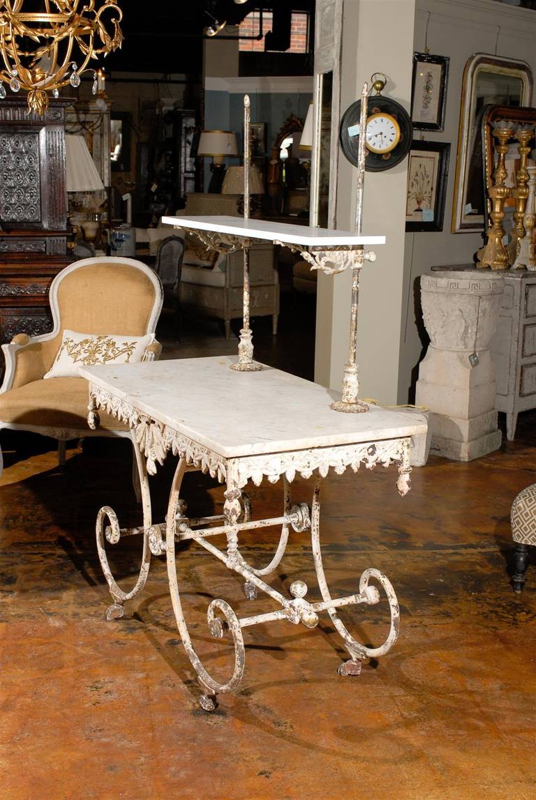 French Marble and Iron Two-Tier Bakers Table with Drawer 2