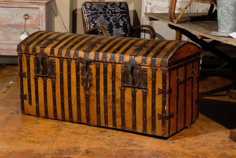 Covered in Leather and Embossed with Gilt Fleur de Lys & Heavy Hand Forged Iron Straps, Lack & Handles.