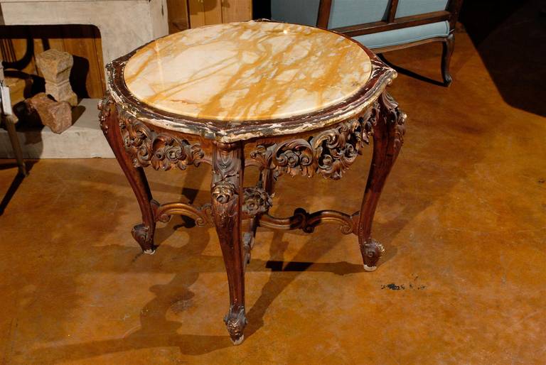 19th Century Rococo Style Italian Side Table with Siena Marble and Carved Base In Excellent Condition For Sale In Atlanta, GA