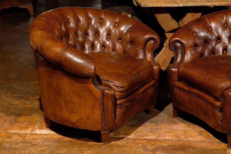 19th Century Pair of French Chesterfield Leather Chairs
