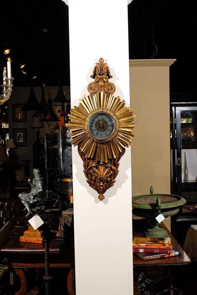 19th Century French Carved Giltwood Starburst Clock In Excellent Condition In Atlanta, GA