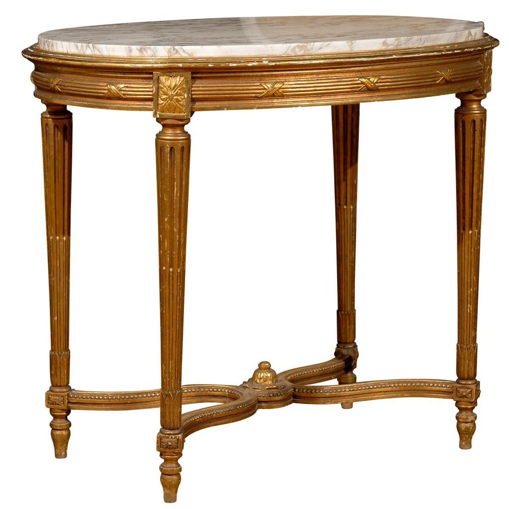 French Oval 19th Century Louis XVI Style Giltwood Table with White Marble Top