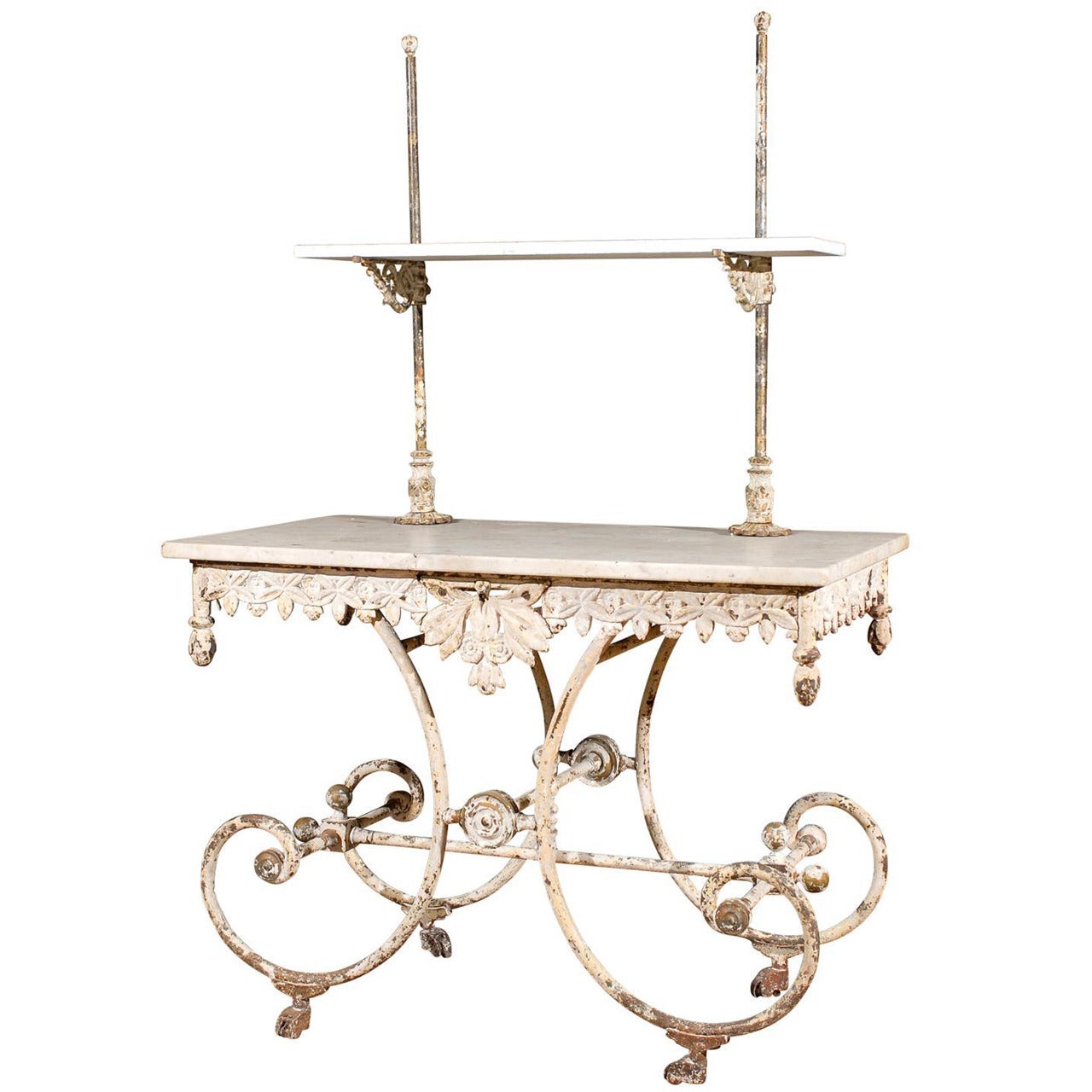 French Marble and Iron Two-Tier Bakers Table with Drawer
