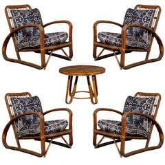 Antique Set of Four Rattan Chairs with Table