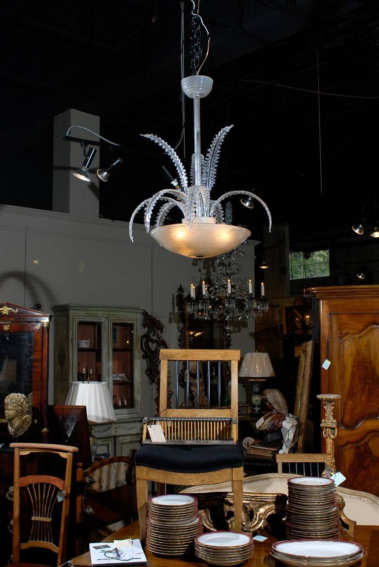 Italian Contemporary Glass Chandelier with Fern Leaf Arms