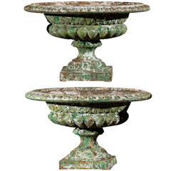 Pair of 19th Century Green Cast Iron Urns