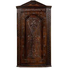 Antique Early 18th Century English Carved Corner Cupboard