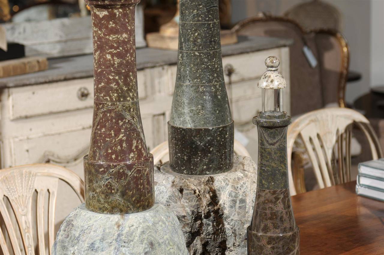 Set of Three English Late 19th Century Marble Lighthouse Figurines on Stone Base 1