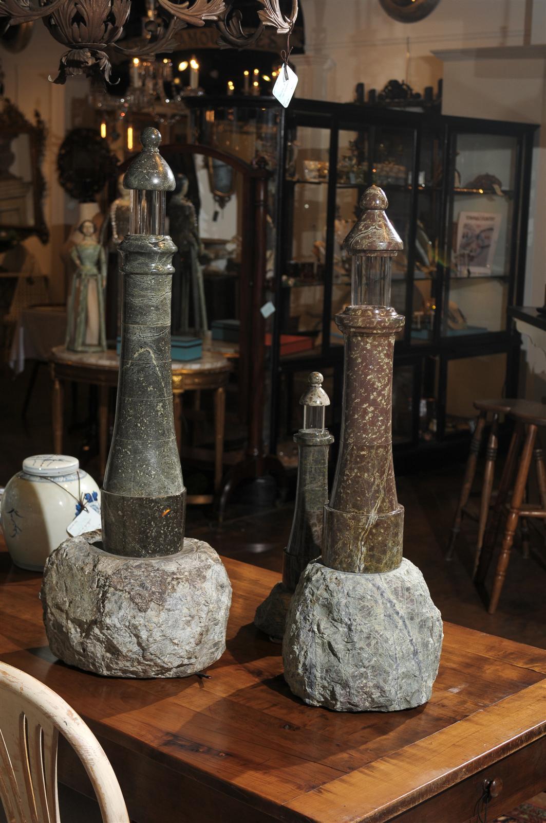 Set of Three English Late 19th Century Marble Lighthouse Figurines on Stone Base In Excellent Condition In Atlanta, GA