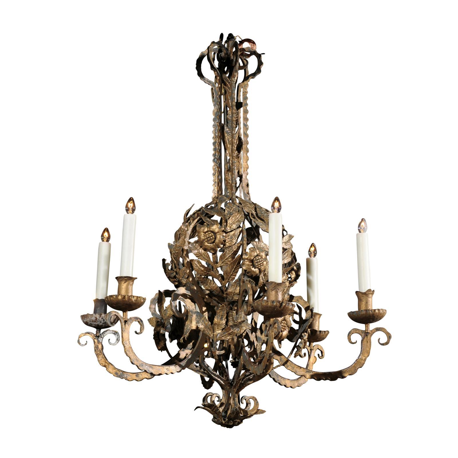 Italian Flower Basket Gold Painted Metal Chandelier from the Mid 20th Century