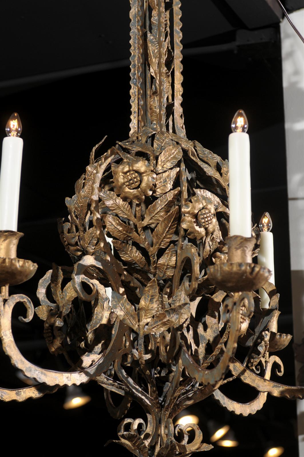 Italian Flower Basket Gold Painted Metal Chandelier from the Mid 20th Century 7